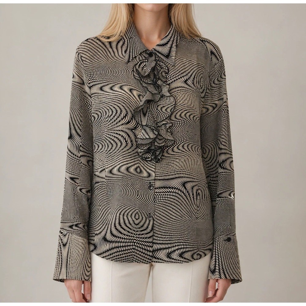 Grimani‎ Silk Blouse Ruffle Abstract Print Statement Office Luxe Designer *SZ 10